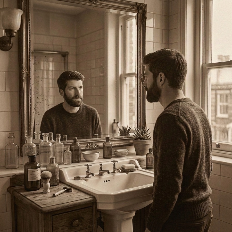 A man looking at himself in the mirror