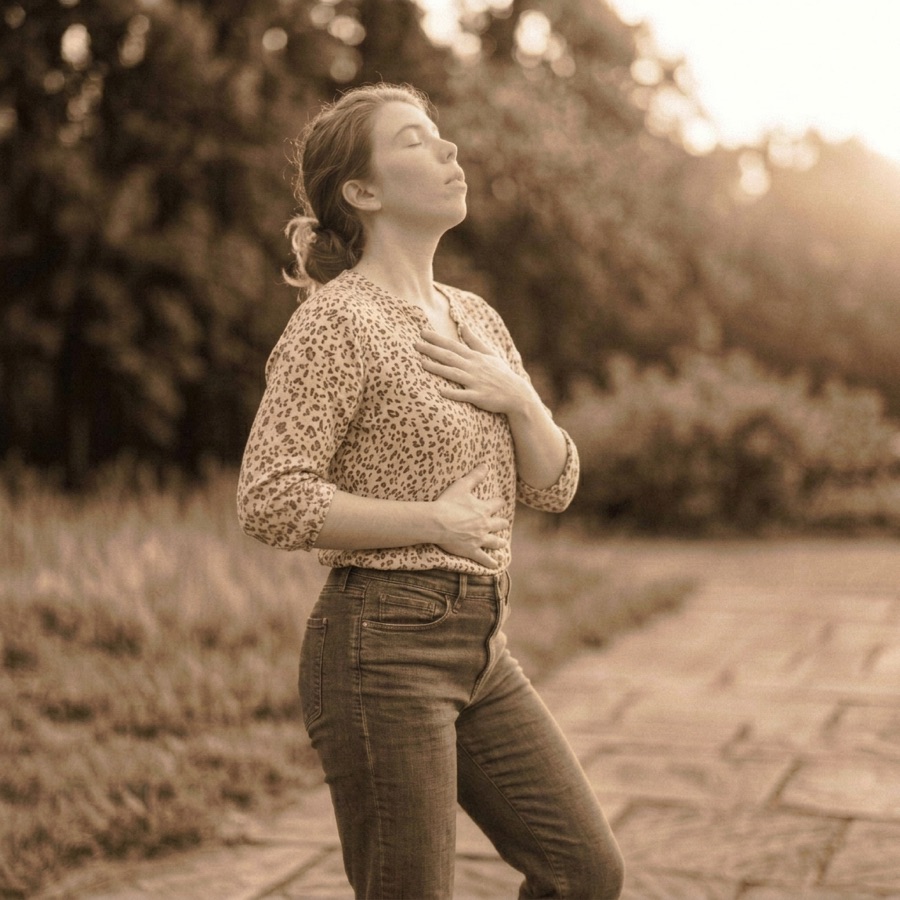 A woman standing outdoors in warm sepia light, hands on her heart and belly