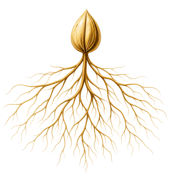 A seed with thin roots beginning to spread